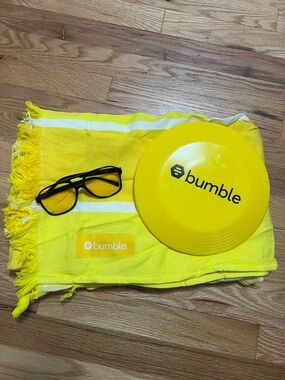 Bumble Yellow Beach Blanket, Frisbee, and Sunglasses